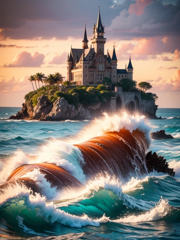 Masterpiece,High resolution,Best composition,Dynamic composition,Bird's eye view,Summer sea view,There is a reef,An old European castle is built on the reef,Waves crash on the reef,Sunset falls on the side of the reef,Orange tinted sky and sea.