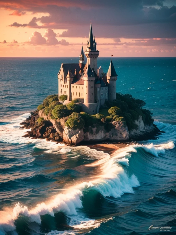 Masterpiece,High resolution,Best composition,Dynamic composition,Bird's eye view,Summer sea view,There is a reef,An old European castle is built on the reef,Waves crash on the reef,Sunset falls on the side of the reef,Orange tinted sky and sea.