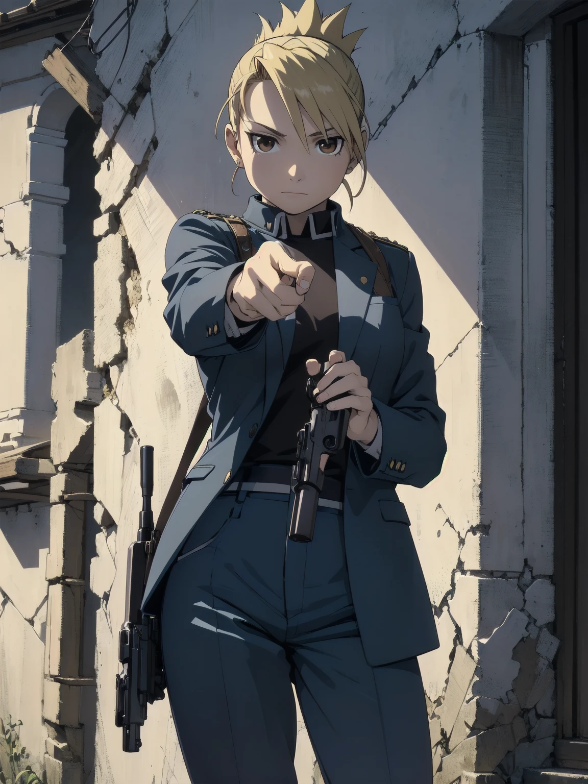 masterpiece, highest quality, High resolution, One girl, Hamriz, Folded ponytail, Brown eyes, Medium chest, uniform, Blue jacket, Blue pants, Are standing, Cowboy Shot, Outdoor, View your viewers,Holding a gun, Pistol Browning M1910, ((Grab a gun)), masterpiece, Detailed Shadows, Detailed light, Very detailed,((Pointing a gun at the viewer)),Possession of a gun, 