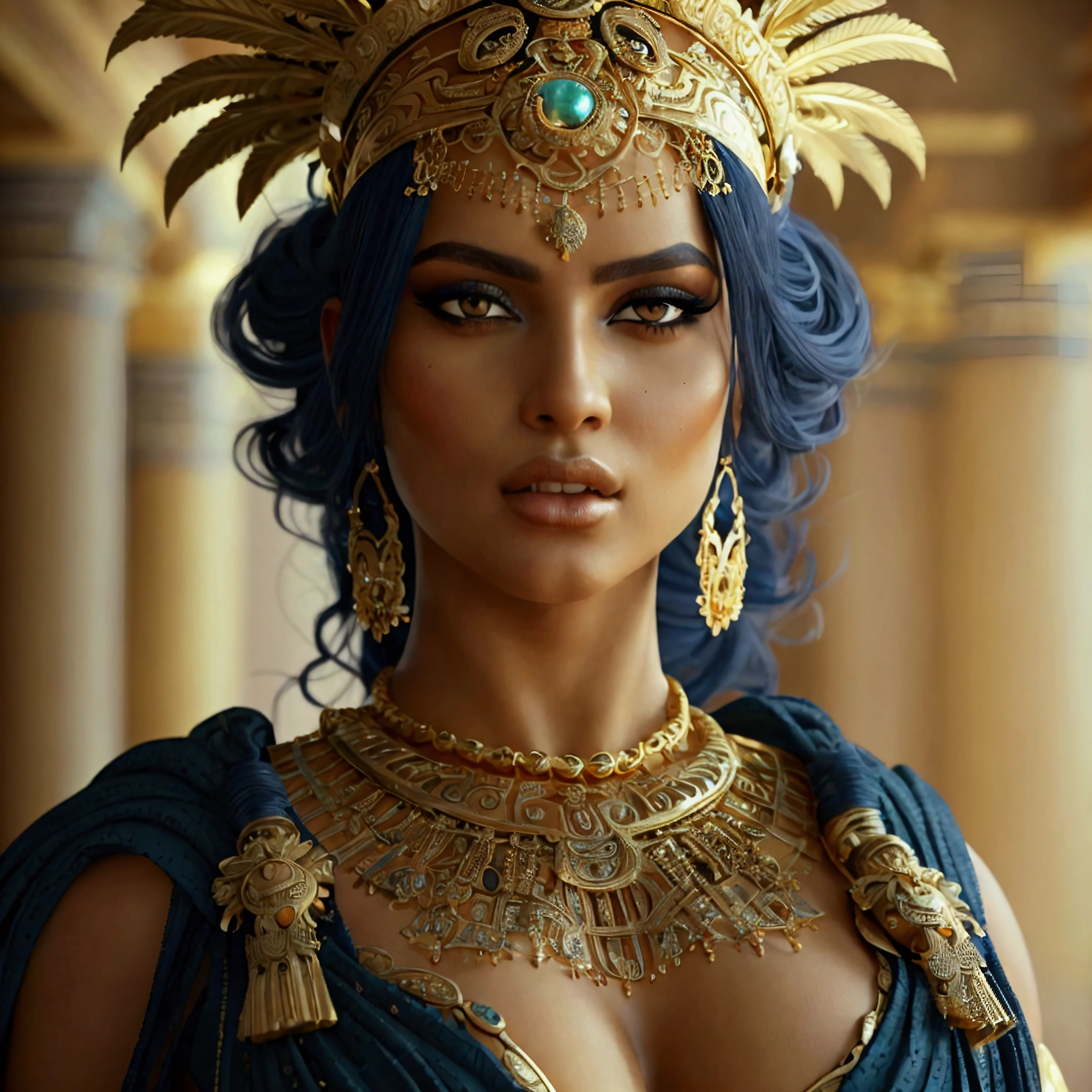 1 woman of 2, exotic woman, (full body, American plane) beautiful, perfect dark blue hair, seductive smile, very seductive and flirtatious excited face, perfect body, extremely good, she is in front of the viewer completely with an inspired outfit in Roman culture, (black Roman toga, very sensual golden details) body chains The golden color shows off her beautiful and magnificent body, her outfit has details in gold, precious stones and very neutral colors, her exotic hairstyle makes her look like a beautiful Roman goddess, stands in a room in ancient Rome, cinematic lighting, 85mm, UHD, retina, (masterpiece, high resolution, 16k, best quality, UHD, masterpiece, textured skin, anatomically correct, super detail , high details, high quality, high resolution, 16k, best quality) (HDR:1)