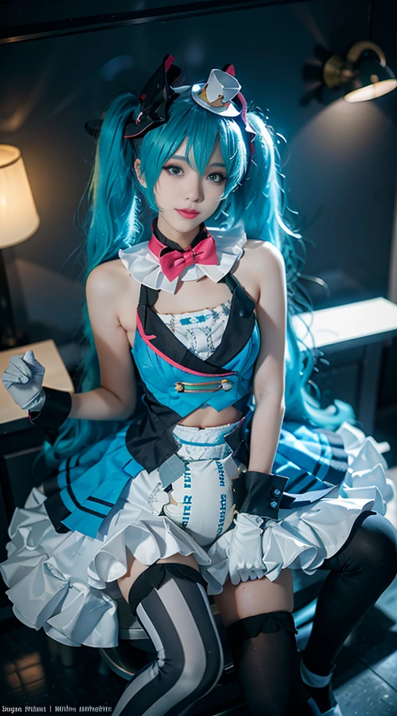 hatsune miku cosplay costume, hatsune miku, magical mirai miku, cosplay, aqua hair, twintails, very long hair, Vest, sleeveless dress, frills, asymmetrical gloves, bowtie, mini hat, hair ornament, gloves, wrist cuffs, asymmetrical legwear, vertical-striped thighhighs, shoes((whole body)), ((from below)), ((Sitting)), ((sitting on a bar stool)), Clear face, Pretty Face, 8k, masterpiece, original photo, best quality, detail:1.2,lifelike, detail, Very detailed, CG, Unite, wallpaper, Depth of Field, Movie Lighting, lens flare, Ray tracing, (extremely beautiful face, Beautiful lips, beautiful eyes), Wheels within wheels, detail face, (Bare shoulders), ((ultra detailed skin)), 1 girl, in the darkness, Deep Shadows, Beautiful korean girl, Korean Idol,(Very slim figure:1.3), Full breasts, Large Breasts, Slender sexy legs, Very beautiful legs, elegant posture, (A big smile), (City night, (Neon), (night), Beautiful korean girl, White Diamond Earrings, diameter bracelet, Deya Necklace, Clear eyes, (big eyes),diaper,bedroom