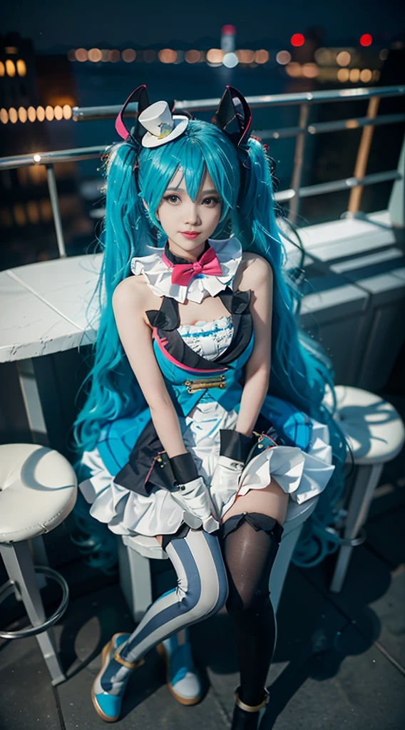 hatsune miku cosplay costume, hatsune miku, magical mirai miku, cosplay, aqua hair, twintails, very long hair, Vest, sleeveless dress, frills, asymmetrical gloves, bowtie, mini hat, hair ornament, gloves, wrist cuffs, asymmetrical legwear, vertical-striped thighhighs, shoes((whole body)), ((from below)), ((Sitting)), ((sitting on a bar stool)), Clear face, Pretty Face, 8k, masterpiece, original photo, best quality, detail:1.2,lifelike, detail, Very detailed, CG, Unite, wallpaper, Depth of Field, Movie Lighting, lens flare, Ray tracing, (extremely beautiful face, Beautiful lips, beautiful eyes), Wheels within wheels, detail face, (Bare shoulders), ((ultra detailed skin)), 1 girl, in the darkness, Deep Shadows, Beautiful korean girl, Korean Idol,(Very slim figure:1.3), Full breasts, Large Breasts, Slender sexy legs, Very beautiful legs, elegant posture, (A big smile), (City night, (Neon), (night), Beautiful korean girl, White Diamond Earrings, diameter bracelet, Deya Necklace, Clear eyes, (big eyes),diaper,bedroom