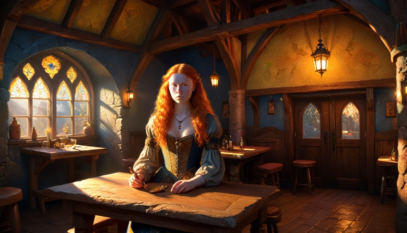 young ginger woman, medieval tale tavern, intricately detailed colorful interior, detailed intense sunrise lightning, best geometry, award wining masterpiece, ultra intricate shadows and lighting, best lighting, best shadows, intricate busy setting, trending on art station, global illumination, selfilluminated, bioluminescence, midjorney style, art by Albert Bierstadt