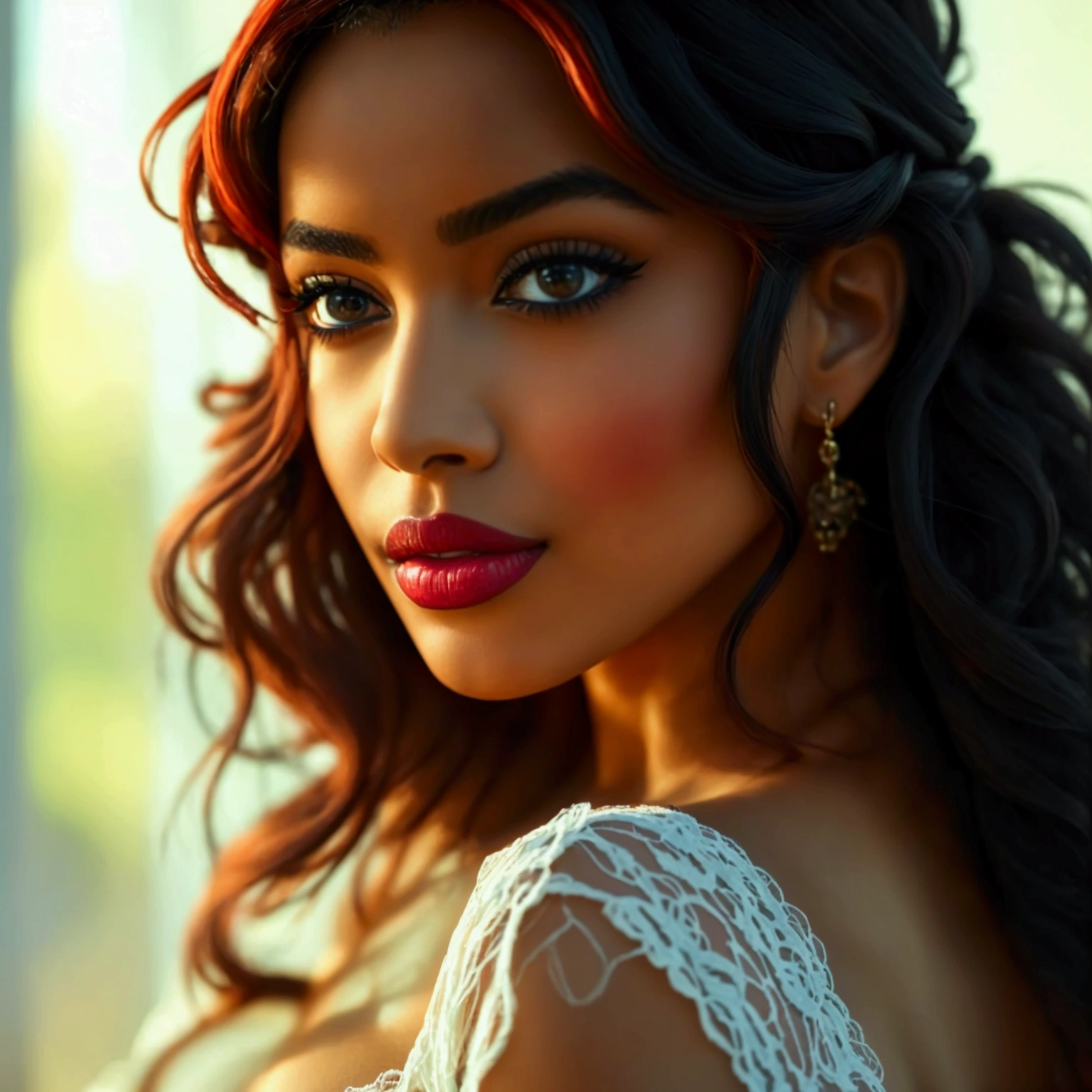 Imagine a beautiful woman with Slovak and African roots and colored eyes, reddish black curly hair, facing the viewer, 1 with perfect skin, charming look, pronounced eyebrow and very marked thick lips, She is the most beautiful woman in the world, She is an Instagram influencer and a very seductive woman.