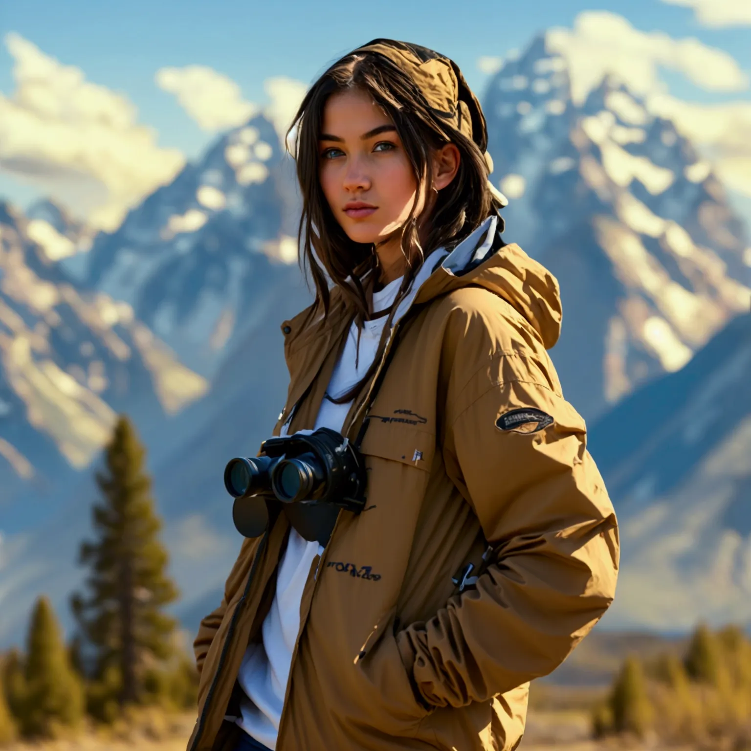 a 19-year-old woman standing in grand teton national park, dressed in a functional yet stylish streetwear ensemble featuring a w...