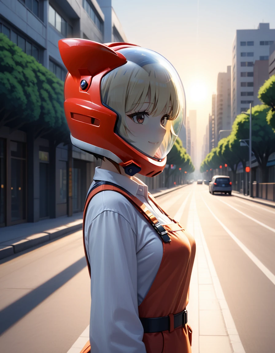 , space helmet ,girl s, 1girl,solo,smile,(short light hair:1.3),standing as a tram passes by in the background of a morning cityscape the tracks beside her, casting soft shadows in the soft morning light. The city should be waking up, with soft light illuminating the buildings, streets and trees. The overall mood should be calm and serene, capturing the peacefulness of the morning in a bustling city,, ,,red helmet, space helme, cat ears, red helmet, from side, upper body