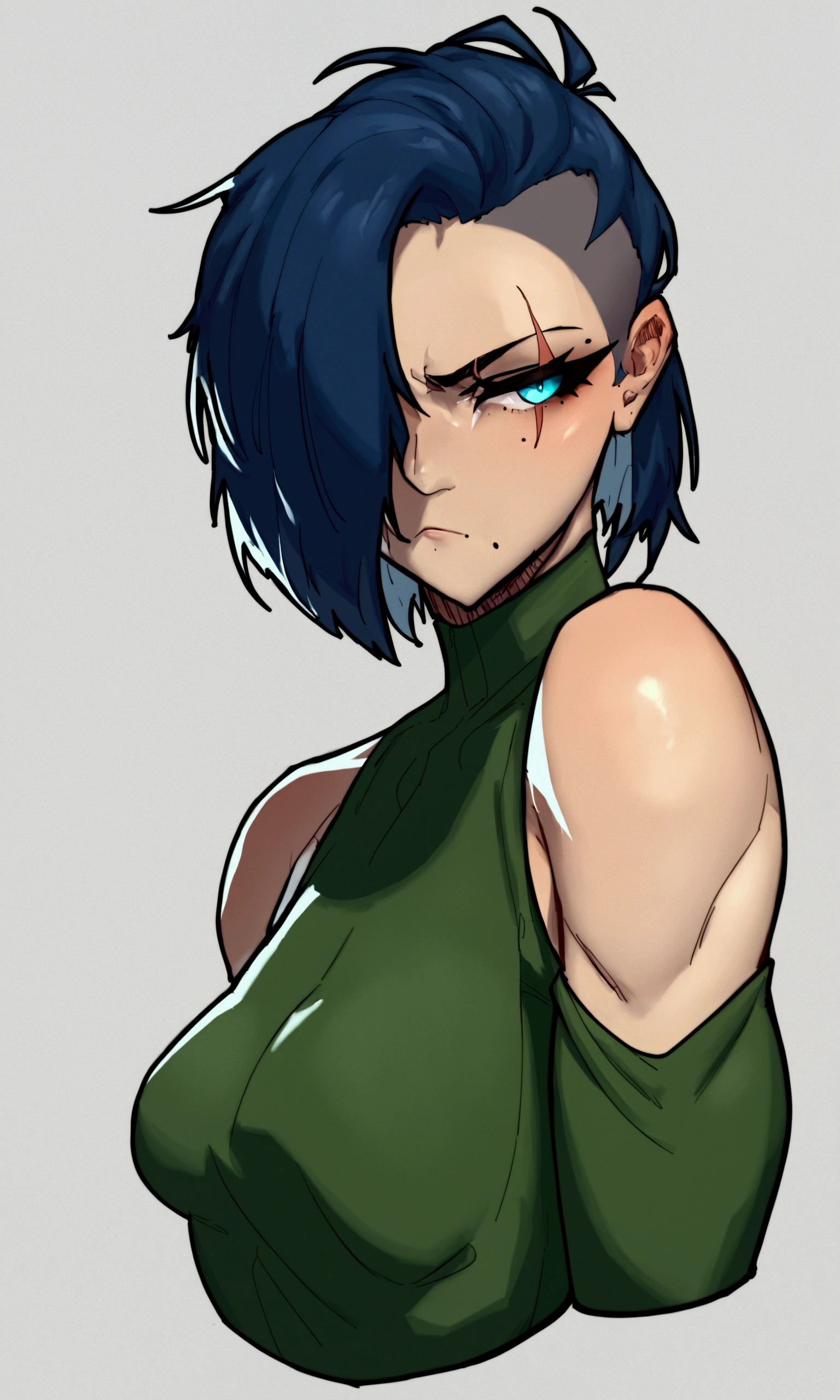 score_9, score_8_up, score_7_up, score_6_up, score_5_up, score_4_up, source_cartoon, rating_safe, by dayo34, 1girl, pale skin, beauty mark under one eye, pout, large eyelashes, green shirt, medium breasts, portrait, torso shot, bob cut, shoulder lenght hair, slicked back from the right side, hair over left eye. dull indigo eyes, scar over right eye
