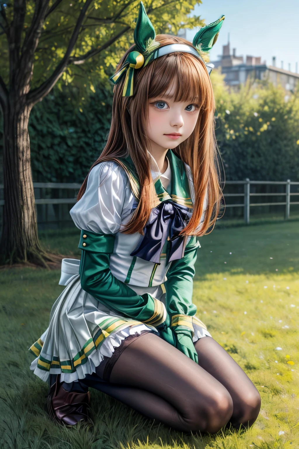 masterpiece, best quality, high resolution, intricate details, extremely detailed, sharp focus, solo, 1girl, (aasuzuka, long hair, ginger hair, animal ears, ear covers, white hairband, horse tail, green sailor collar, black bow, white shirt, layered sleeves, green sleeves, black gloves, white skirt, black pantyhose:1.2), shoes, kneeling with spread legs, outdoors, grass,