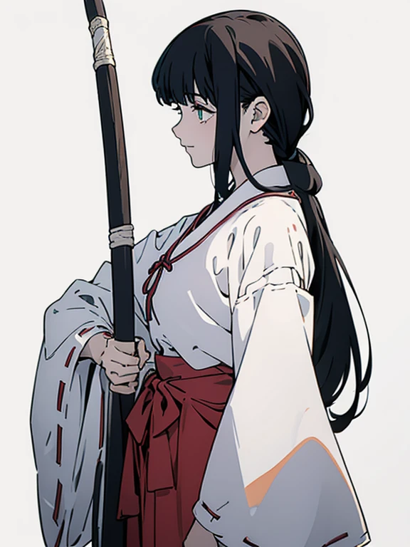 (((Portrait of a person standing against a white background))), The beautiful girl named "Midori" is an 18-year-old shrine maiden with green eyes and black medium hair. She is wearing miko costume, white outer garment, red skirt, long boots, and a wooden sword attached to her left hip., Her hair is shoulder length and tied at the back., She stands diagonally to the left against a white background., green eyes, smile, (full body, 1:1 ratio of upper body to lower body), (masterpiece, Best Quality, Ultra-high resolution, Best illustrations, Very delicate and cute face), 