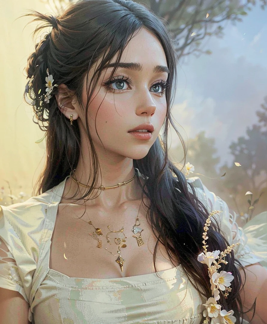 A beautiful woman,elegant woman,long flowing hair,green eyes,full lips,porcelain skin,delicate features,serene expression,silk dress,standing in a field of wildflowers,natural lighting,warm color tones,high quality detailed portrait,photorealistic,masterpiece,vibrant colors,cinematic lighting