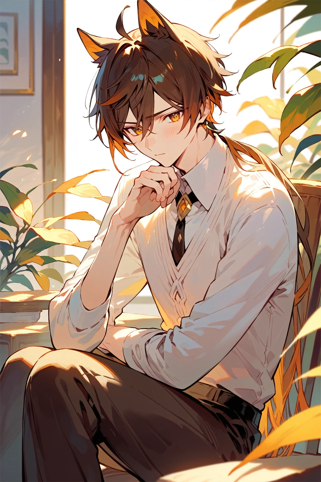 masterpiece, anime, 1boy, 1male, mature male, male focus, solo, Zhongli, Genshin_impact, clear eyes, blushing, shy, looking at you, long sleeves, cat ears, sitting