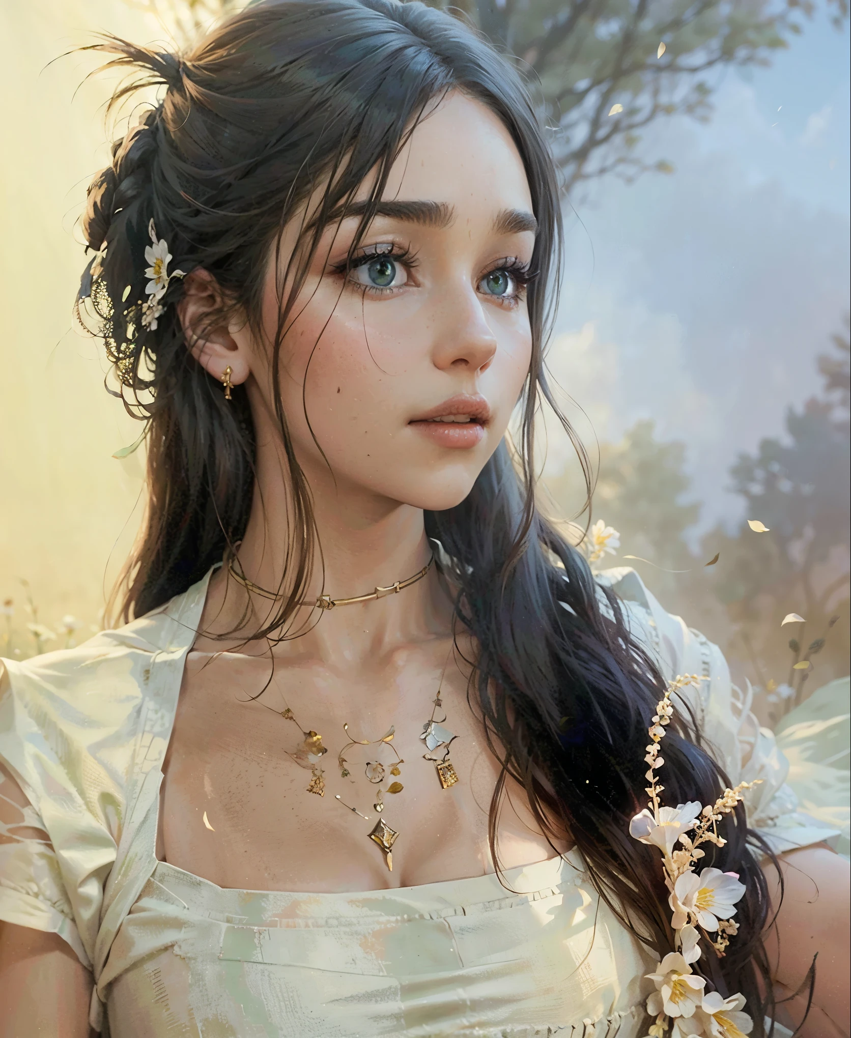 A beautiful woman,elegant woman,long flowing hair,green eyes,full lips,porcelain skin,delicate features,serene expression,silk dress,standing in a field of wildflowers,natural lighting,warm color tones,high quality detailed portrait,photorealistic,masterpiece,vibrant colors,cinematic lighting