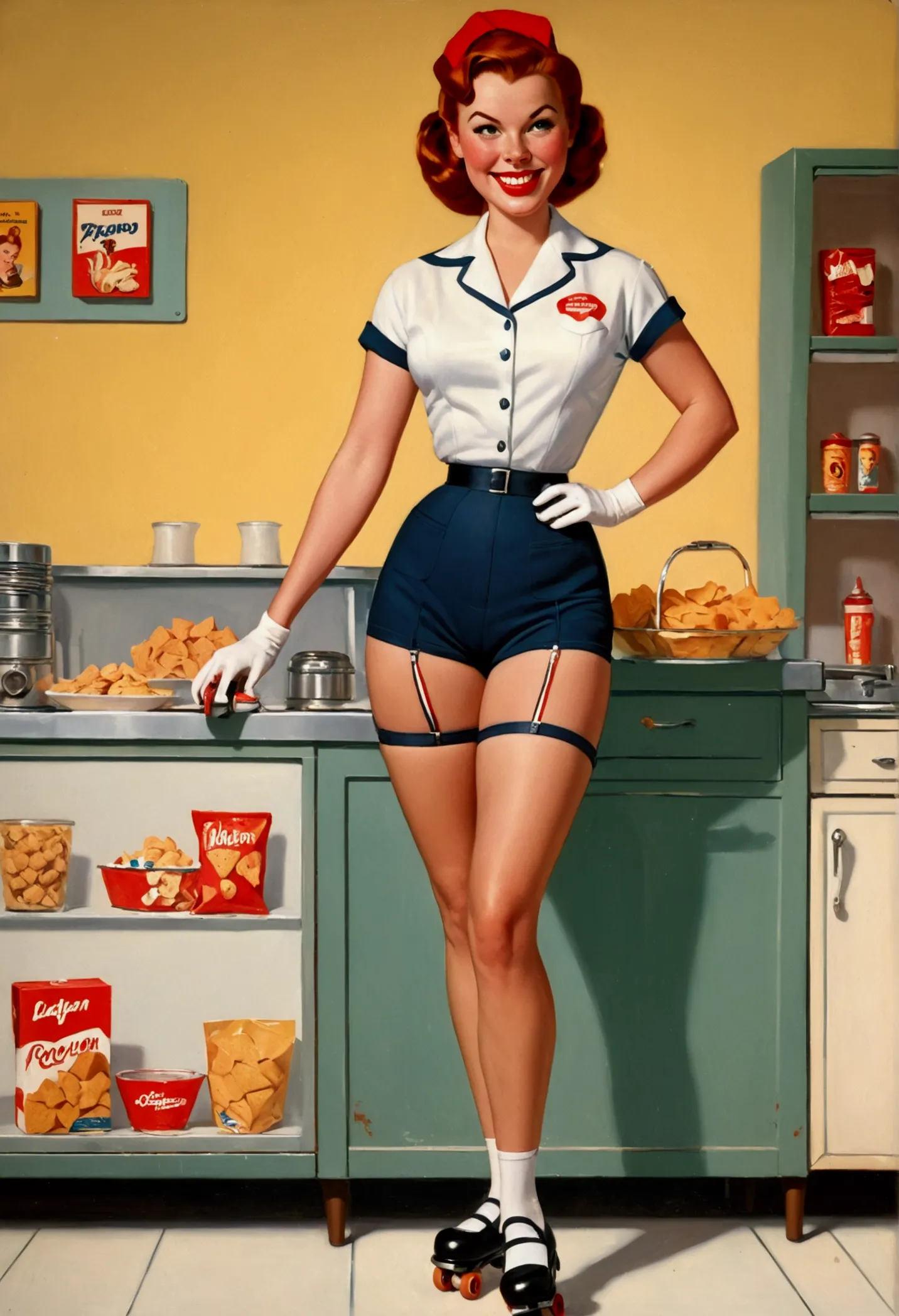 1950s waitress, redhead, groomer, tight waist, wide hips, thick thighs, big butt, shorts, roller skates, tray of snacks, smiling...