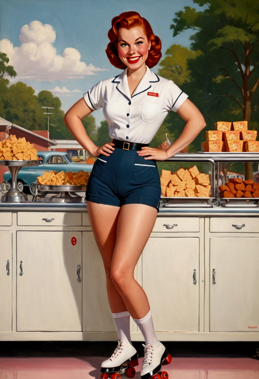 1950s waitress, redhead, groomer, tight waist, wide hips, thick thighs, big butt, shorts, roller skates, tray of snacks, smiling, Gil Elvgren style.