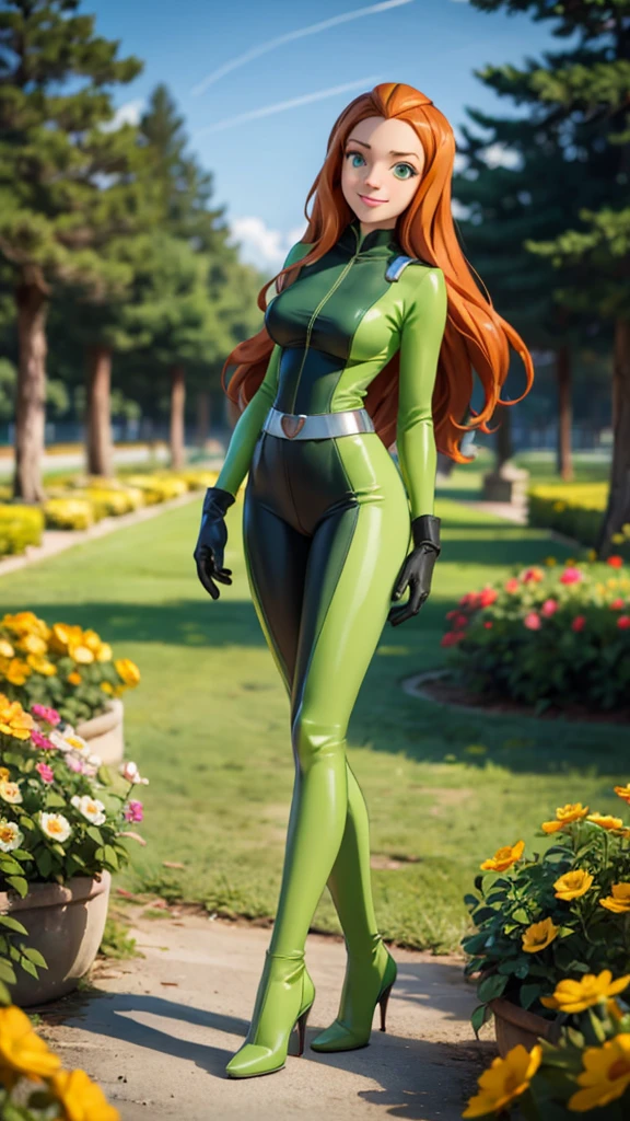 sam, totally spies, long orange hair, Long Straight Hair, green eyes, green bodysuit, Big Breasts, belt, gloves, heels, looking at viewer, smiling, full body shot, standing, outside, field, flowers, trees, sunny, high quality, masterpiece 