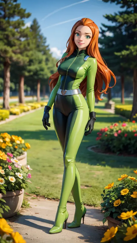 sam, totally spies, long orange hair, long straight hair, green eyes, green bodysuit, big breasts, belt, gloves, heels, looking ...