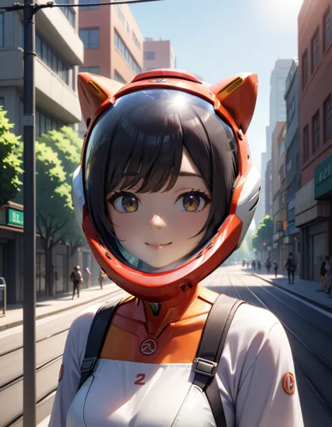 , space helmet ,girl s, 1girl,solo,smile,mediumt light black hair:1.3),standing as a tram passes by in the background of a morni...