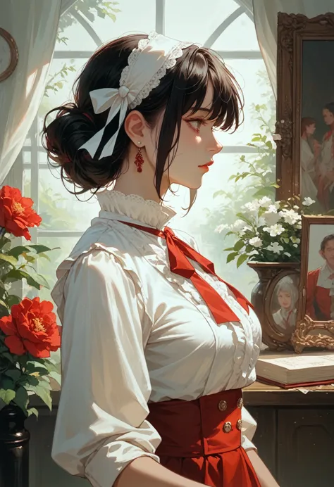 there is a woman in a white shirt with a red ribbon on her chest, nivanh chanthara, white ribbon, profile picture 1024px, only w...