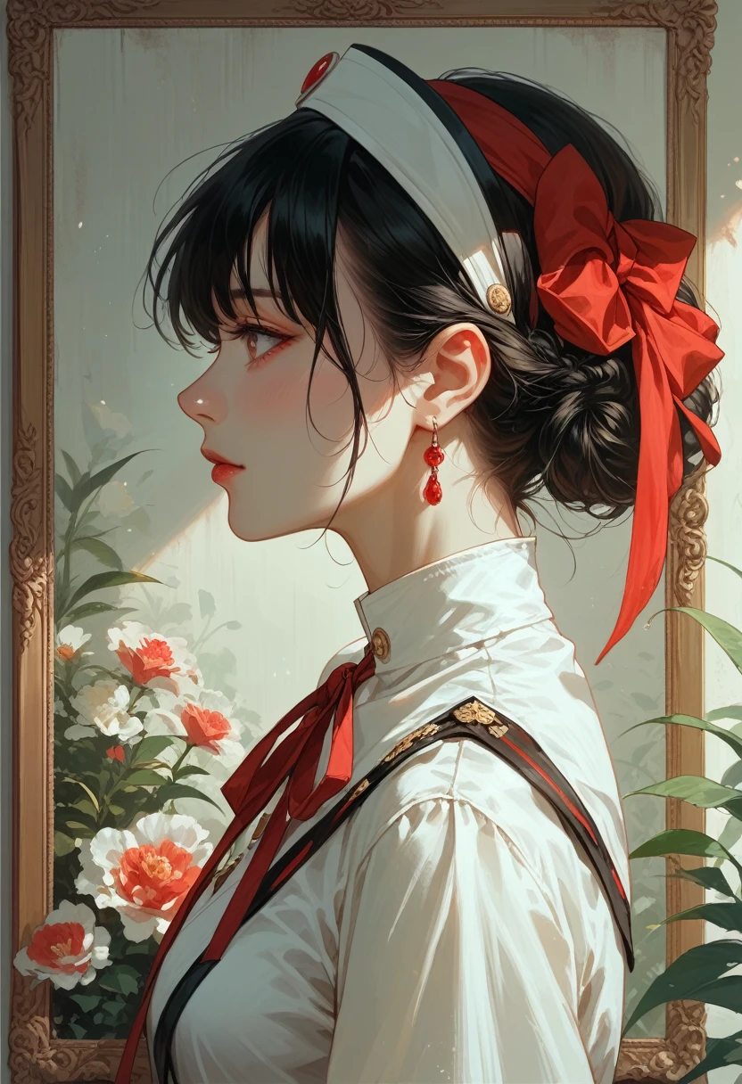 there is a woman in a white shirt with a red ribbon on her chest, nivanh chanthara, white ribbon, profile picture 1024px, only with red, thawan duchanee, red ribbon, wonderful masterpiece, jia, 1, white red, peacefull, yuli ban, sakimi chan, wearing headmistress uniform