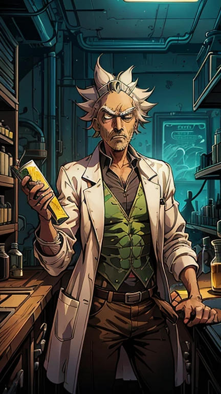 (1man: Rick Sanchez), (extremely detailed CG unit 8k wallpaper),(master part), (best quality), (ultra detail), (best illustration),(dan Mumford), cowboy shot, (Sharp eyeliner, ombre, detailed eyes:1), lab, ,break , (Art Adams Style), upper body, short brown hair, yellow t-shirt, Rick Sanchez, alchemist in a lab, standing, countertop, gas, fumes, steam, ooze, toxic barrel, lab Coat, white hair,