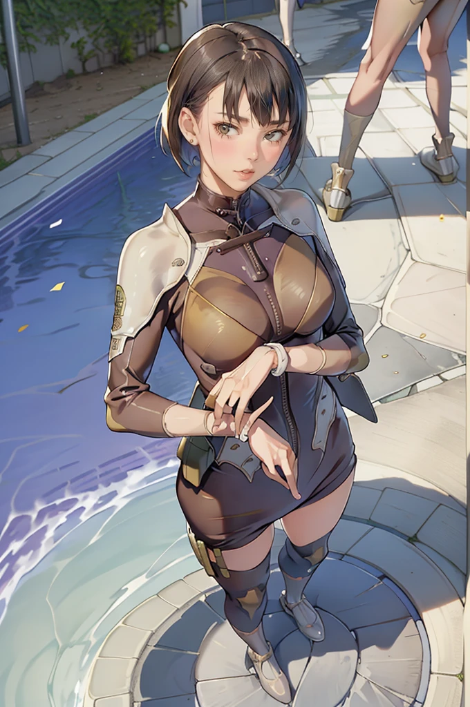 Highest quality, Official Art, masterpiece, Fabric Shading, High resolution, Very detailed, colorful, Best details, Fantasy, Brown suit, 1 female, Age 25, Standing on the stairs,Pub with castle view, Many Stars々Shining night,short hair, Bobcut, Black Hair, Wavy Hair, {Surrounded by many people:1.9}, Confetti falling、Blessed、welcome:1.5, whole body:1.6