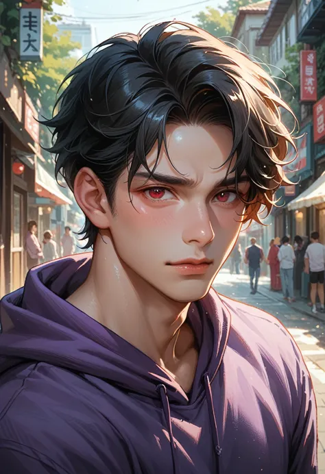 1 boy, handsome boy, black hair, comma hair, forehead comma hair, korean hair, street style, purple hoodie, shiny, red eyes, loo...