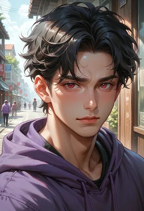 1 boy, handsome boy, black hair, comma hair, forehead comma hair, korean hair, street style, purple hoodie, shiny, red eyes, loo...