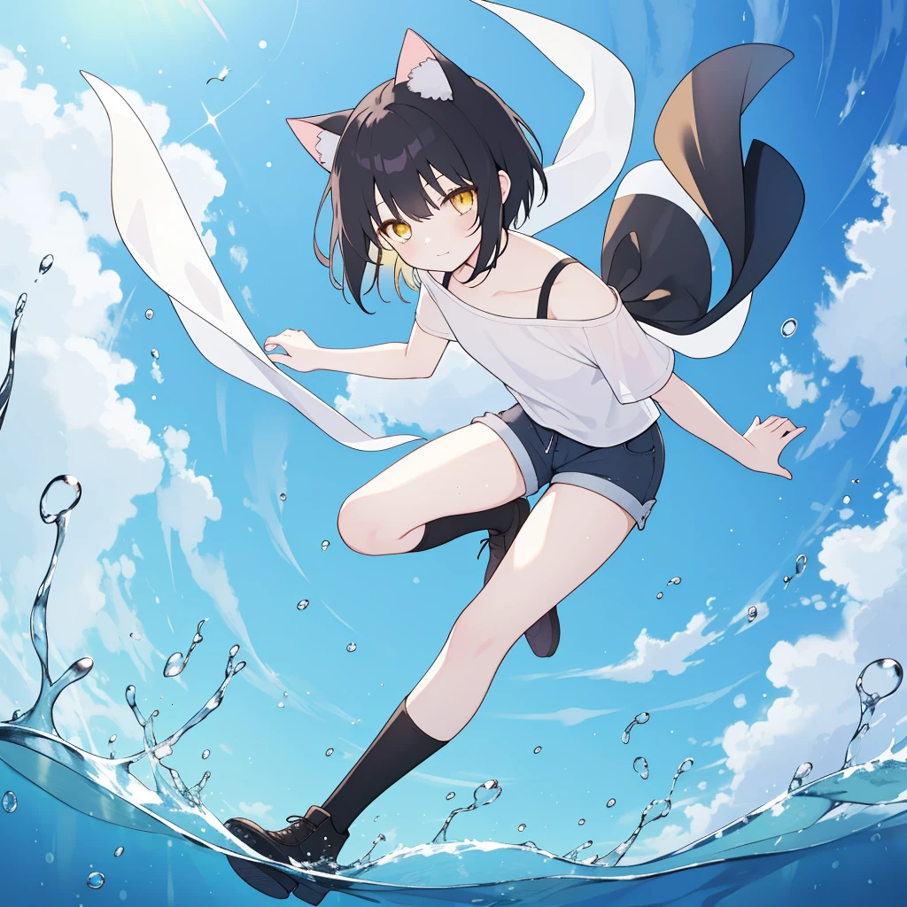 masterpiece, super high quality, One person, Solo Boy, Black hair and cat ears, Yellow Eyes, ((Straight hair)), short hair, (Shoulder-length hair), shirt, Shorts, Black Stockings, Floating on the water, 