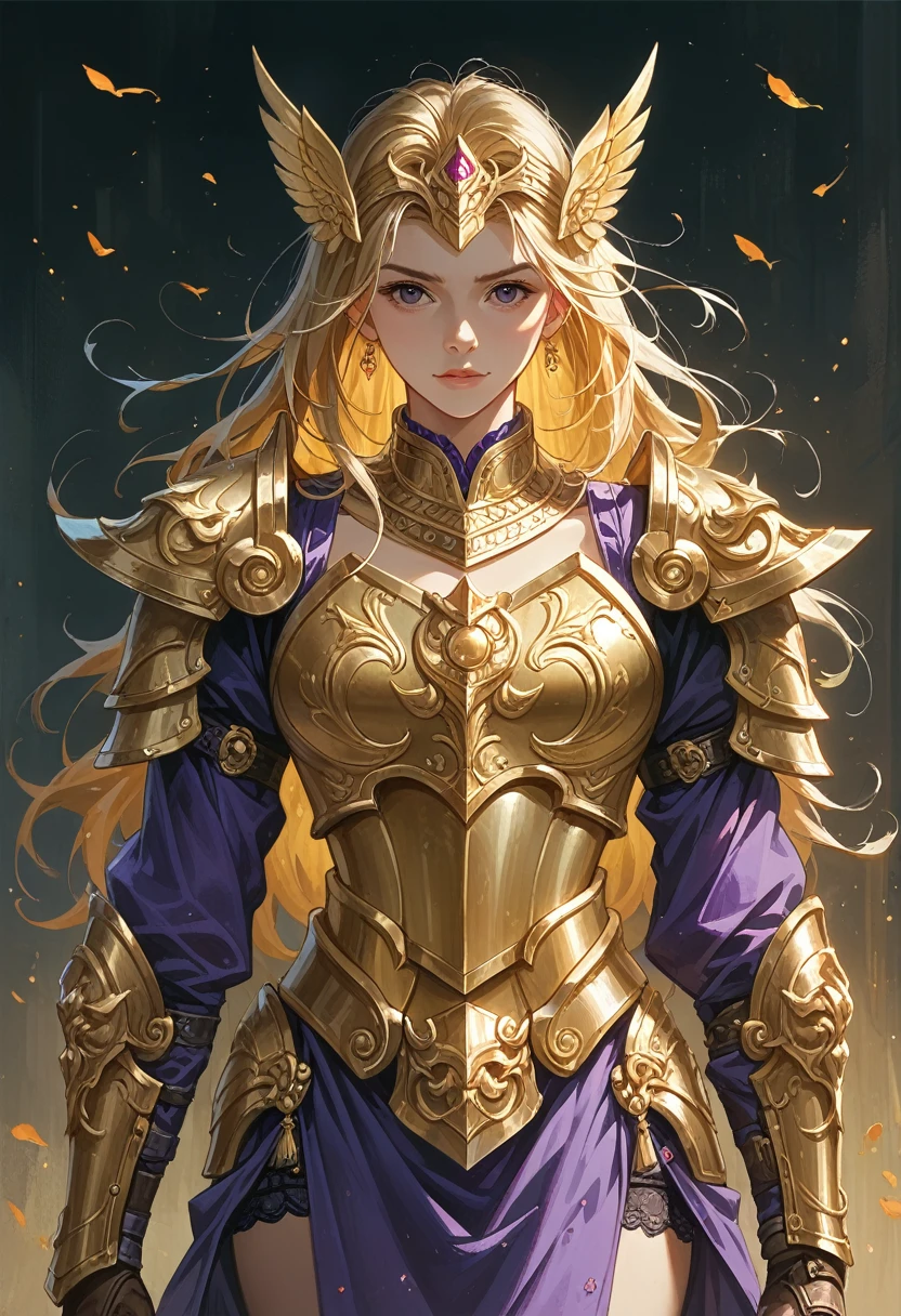 close-up of a woman in a gold and purple dress, chengwei pan on artstation, by Yang J, detailed fantasy art, stunning character art, fanart best artstation, epic and exquisite character art, beautiful armor, extremely detailed art, detailed digital anime art, artgerm on artstation pixiv, girl in armor