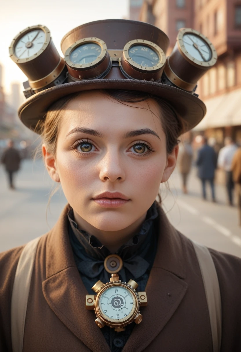 Columbian 19 year old girl, half body view, (front to camera), detailed european face, (aspiring facial expression), (((steampunk style close))), ((steampunk city on the background)), RAW, analog style, ultra detailed photograph, cinematic lighting, artstation, 4k, sharp focus, high resolution, detailed skin, detailed eyes, kneeling, 