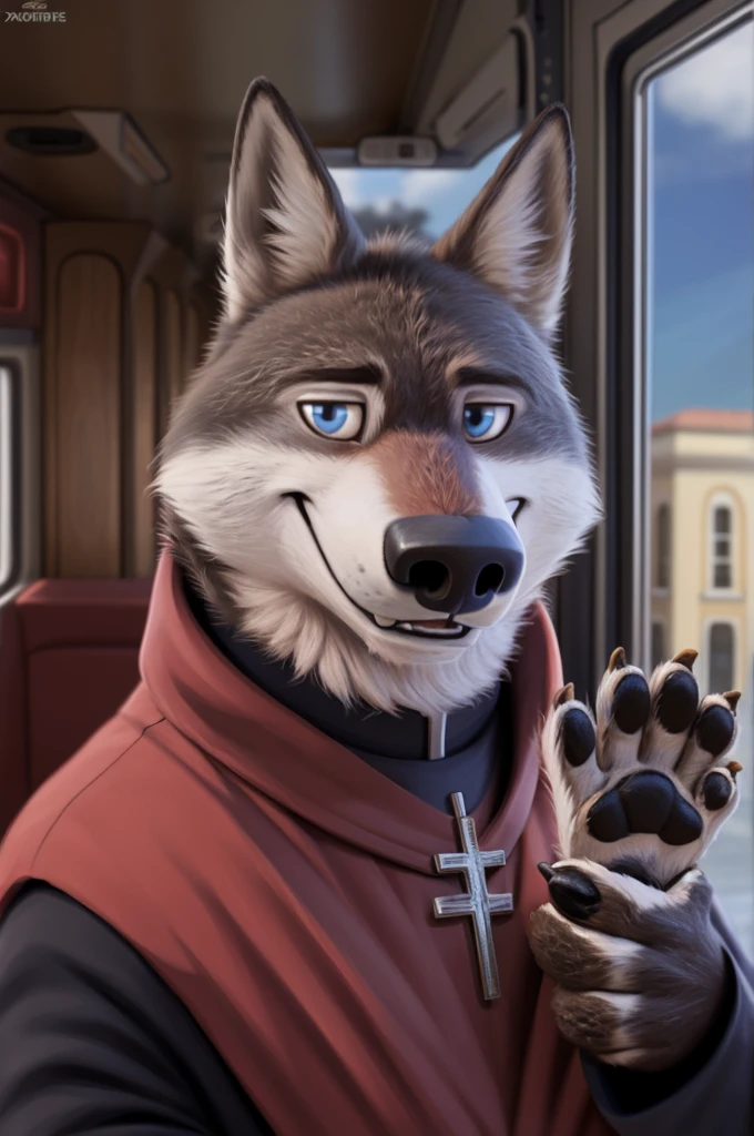 Larry (Zootopia), young wolf, gray fur, (brown body:1.3), beautiful blue eyes, Zootopia, red cassock, Catholic priest,white cassock, Cardinal,gold pectoral cross white collar,shoes footwear dog,wolf, detailed fur, Male, second, paw pads, claws, looks at the viewer, 5 fingers, paws, 4 toes,лежит Houses, icon jesus christ, 
BREAK from nextel, for dating, by xenoforge, (difficult, high detail,digital photography, soft focus,close to the camera, smile, positive, Good, mood, Houses, looks at the viewer, очень close to the camera,catholic priest,the bus is coming, 
photorealism, realistic, photorealistic,digital style, subsurface scattering,очень close to the camera идет обниматся, нежная smile, Beautiful teeth, 
masterpiece, Best quality, ult,добрый wolf свящщенник, фотоrealistic, 8 thousand.)