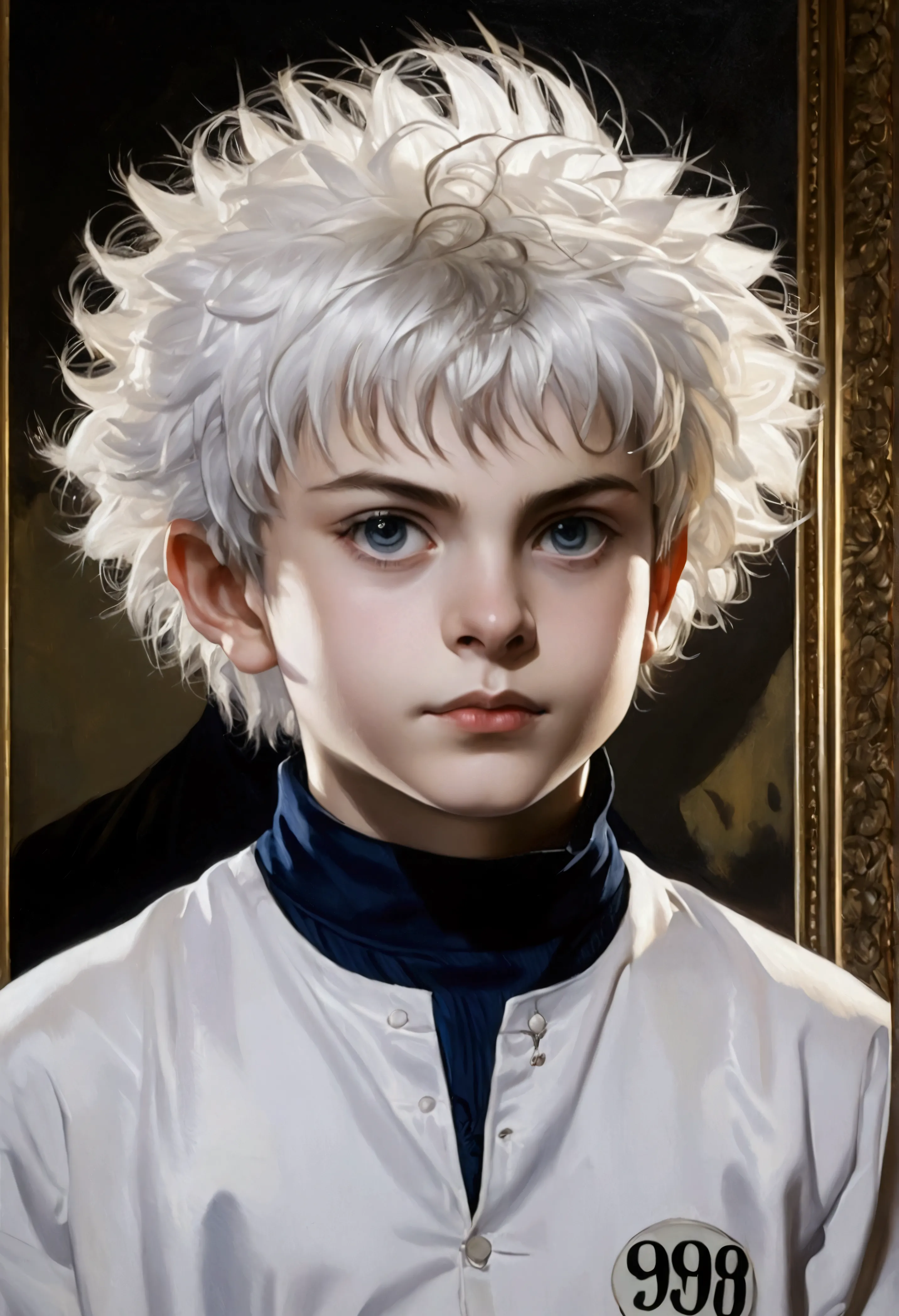 a 12 year old boy with silver hair, victorian era oil painting, killua zoldyck, detailed facial features, beautiful eyes, intric...