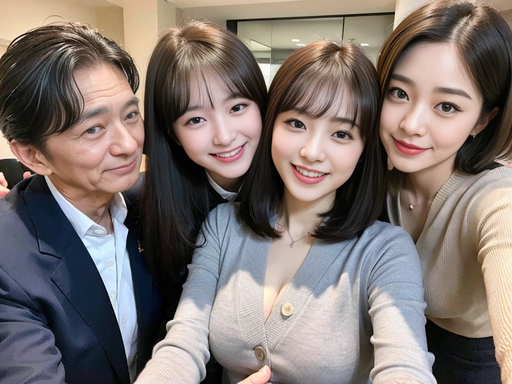 (A photo of a young, beautiful Korean female president dressed as a politician exchanging warm embraces with three elderly, gray-haired grandfathers.:1.3)(Grinning expression:1.2)(20-year-old:1.3)(Huge , There is cleavage in the chest:1.2),(Sweating profusely)(Huge boobs)(Elegant, shiny, long black hair:1.2))(8k, RAW Photos, Highest quality, masterpiece: 1.2),High-resolution RAW color photos, Professional photos, Very detailed and beautiful,(she&#39;She&#39;s very skinny but has big breasts:1.4), Small face:1.Perfect anatomical figure、(Browsing Caution:1.1)(Huge breasts that make your clothes burst: 0.9) (Huge胸 :1.4)(Classy makeup,eyeliner/eye shadow,lipstick,Fair skin,Beautiful Skin)(Full body photo:1.1)(Shiny Hair:1.3)(lipstick:1.2)(Too big earrings:1.2)(Beautiful female college student:1.2)(セクシーな韓国人sister:1.2)(sister:1.1))(Family group photo:1.3)(Box Coverage,Press conference:1.2)Off-the-shoulder blouse,