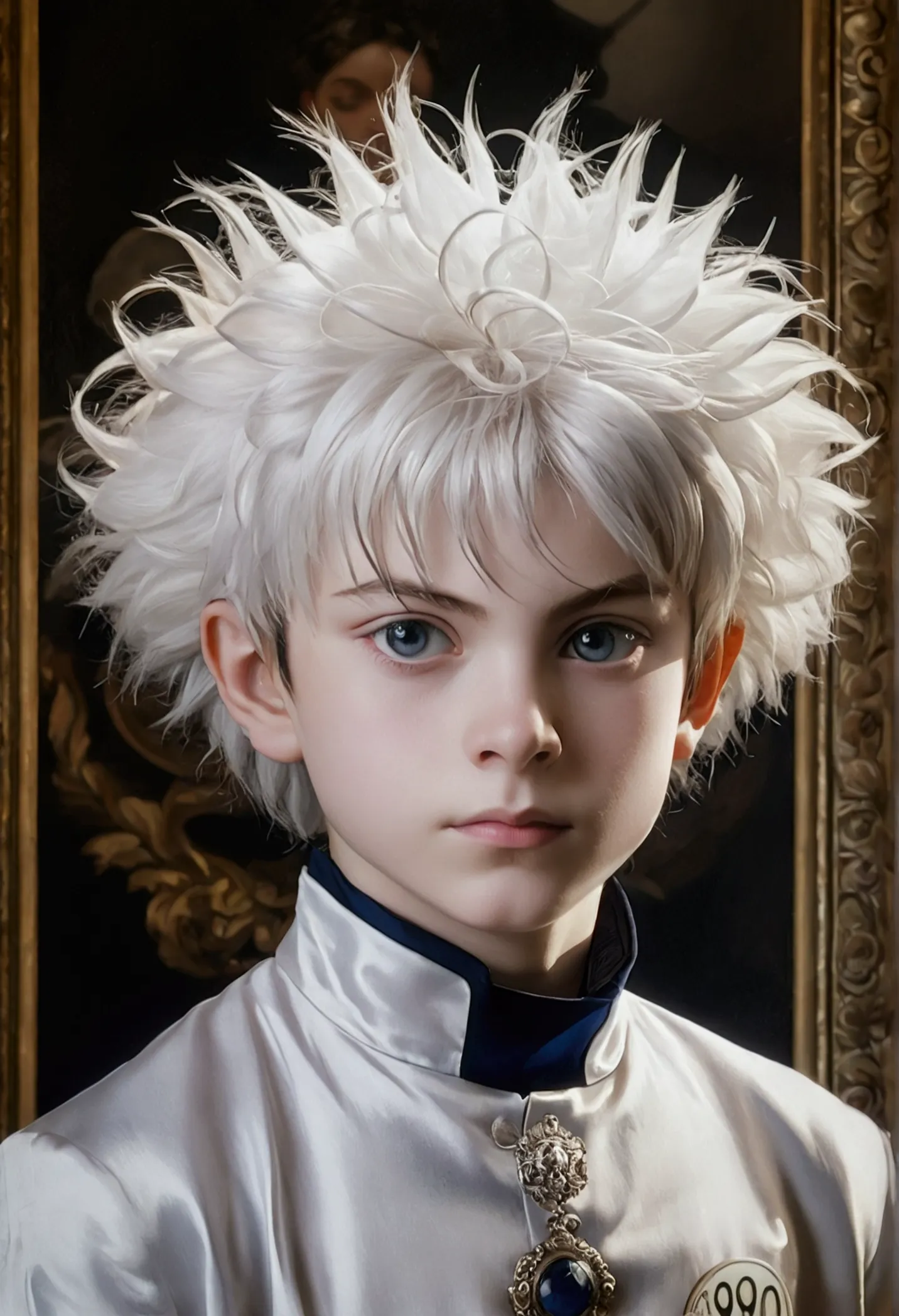 a 12 year old boy with silver hair, victorian era oil painting, killua zoldyck, detailed facial features, beautiful eyes, intric...