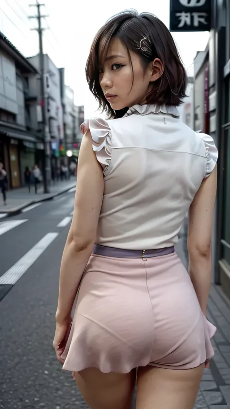 (japanese woman looking back on tokyo street:1.4、p-line:1.4)、(realistic、like a photograph、live action、8k, realistic, raw photos,...