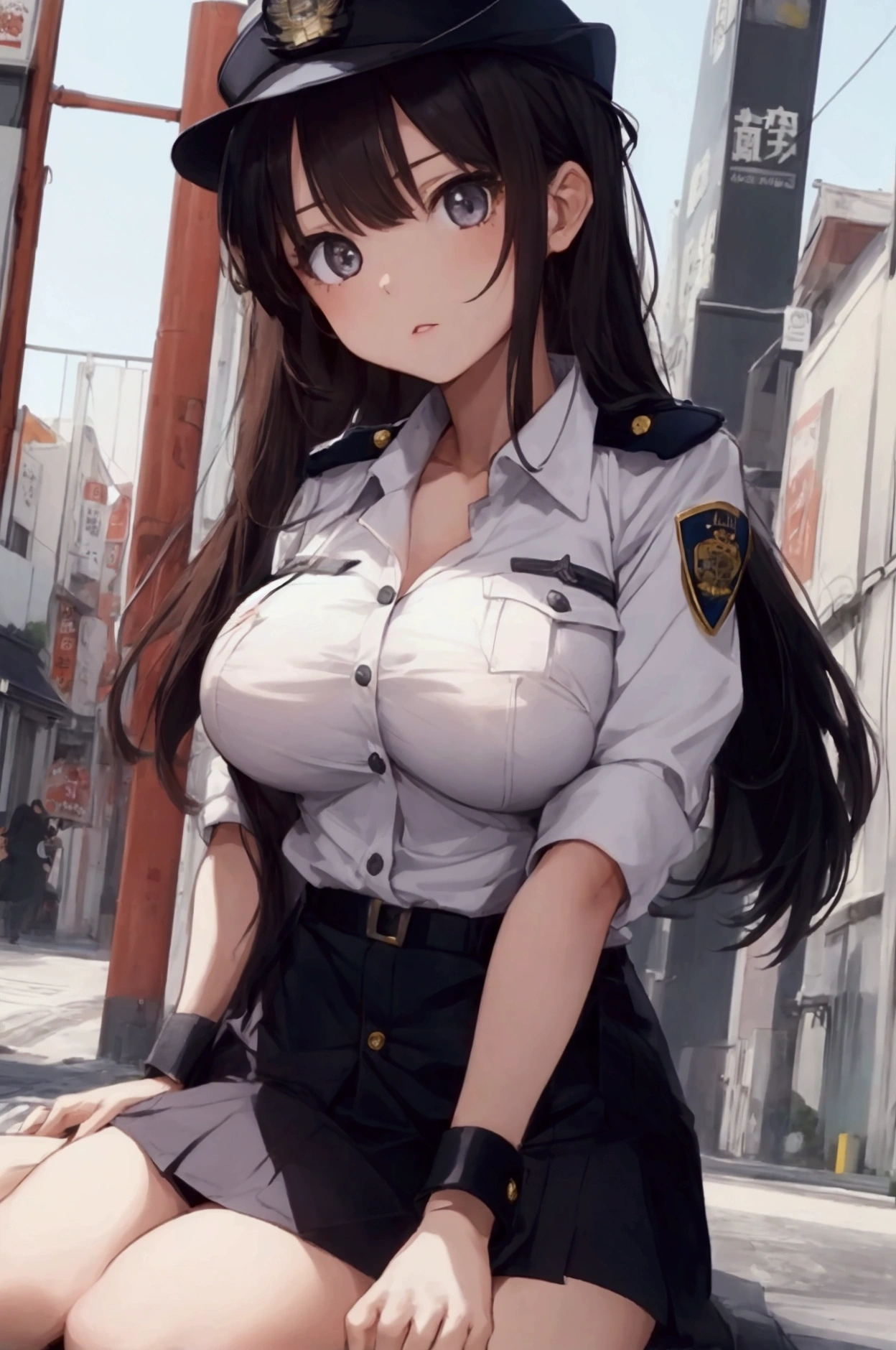 (ultra highres、ultra quality、Masterpiece、8k、),A girl with light  hair drawn in high resolution policewoman.japannse police woman、Young and cute 、Asian woman,s hot, Japanese Model, Cute Core,  , Chubby 、(big breast)、Town、Fluffy white blouse、(I can see your chest.sexly)