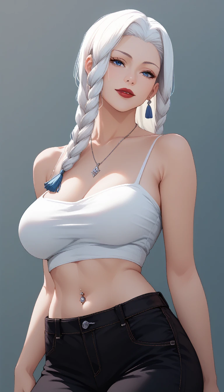 score_9, score_8_up, score_7_up, score_6_up, score_5_up, score_4_up, mei mei , blue eyes, white hair braid, large breasts, white off should crop top bare shoulders, necklace,long tassel earrings ,red lipstick , detailed eyes ,pants,navel piercing 