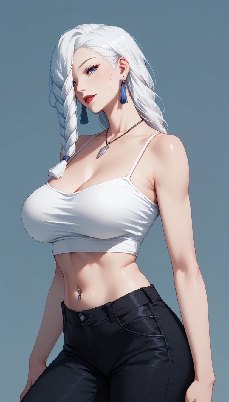 score_9, score_8_up, score_7_up, score_6_up, score_5_up, score_4_up, mei mei , blue eyes, white hair braid, large breasts, white off should crop top bare shoulders, necklace,long tassel earrings ,red lipstick , detailed eyes ,pants,navel piercing 