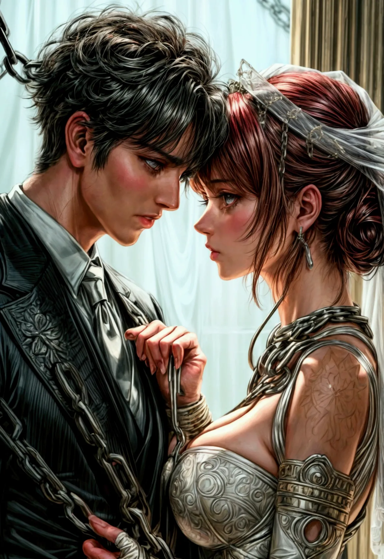 oil painting anime comic art, julie bell art of a groom held by ((radiant chains: 1.2)), in his wedding day and his bride, a han...