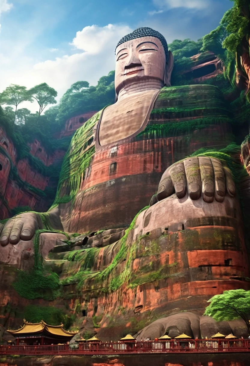 A giant, Leshan Giant Buddha Realistic Version, Perfect integration with nature, Surrealism, Extremely detailed, Reality:1.37, 3D Rendering, Movie Lighting, Holy Light, Ultra HD, masterpiece:1.2, Textured Skin, best quality, high resolution