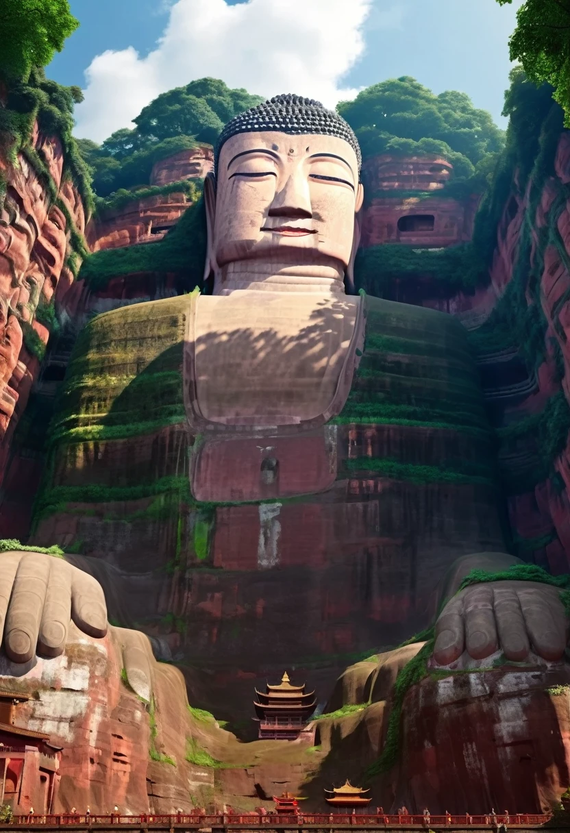 A giant, Leshan Giant Buddha Realistic Version, Perfect integration with nature, Surrealism, Extremely detailed, Reality:1.37, 3D Rendering, Movie Lighting, Holy Light, Ultra HD, masterpiece:1.2, Textured Skin, best quality, high resolution