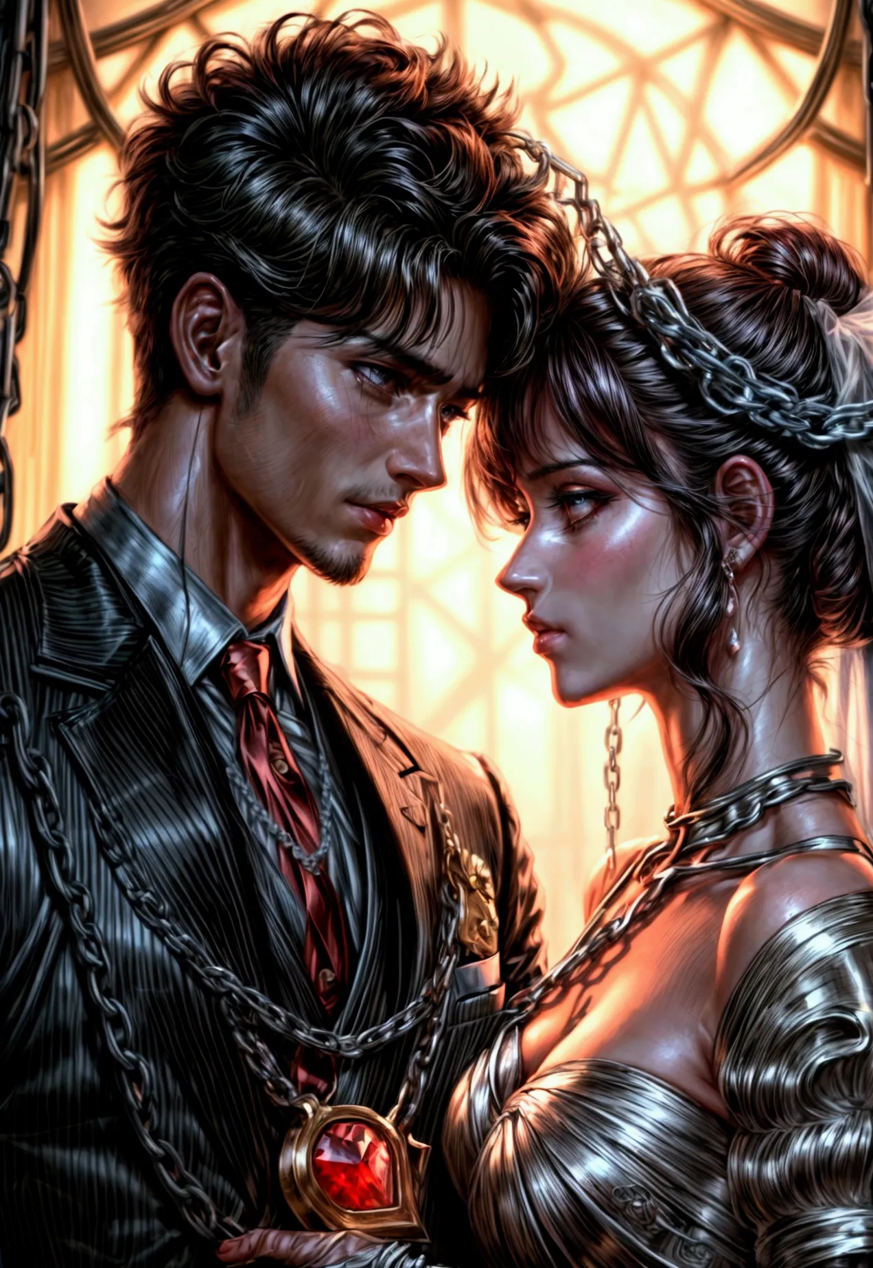 oil painting anime comic art, julie bell art of a groom held by ((radiant chains: 1.2)), in his wedding day and his bride, a han...