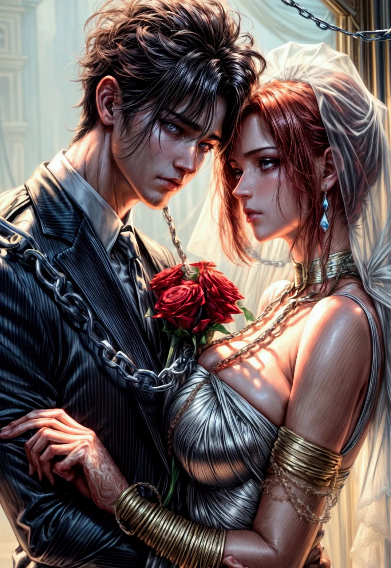 oil painting anime comic art, julie bell art of a groom held by ((radiant chains: 1.2)), in his wedding day and his bride, a han...