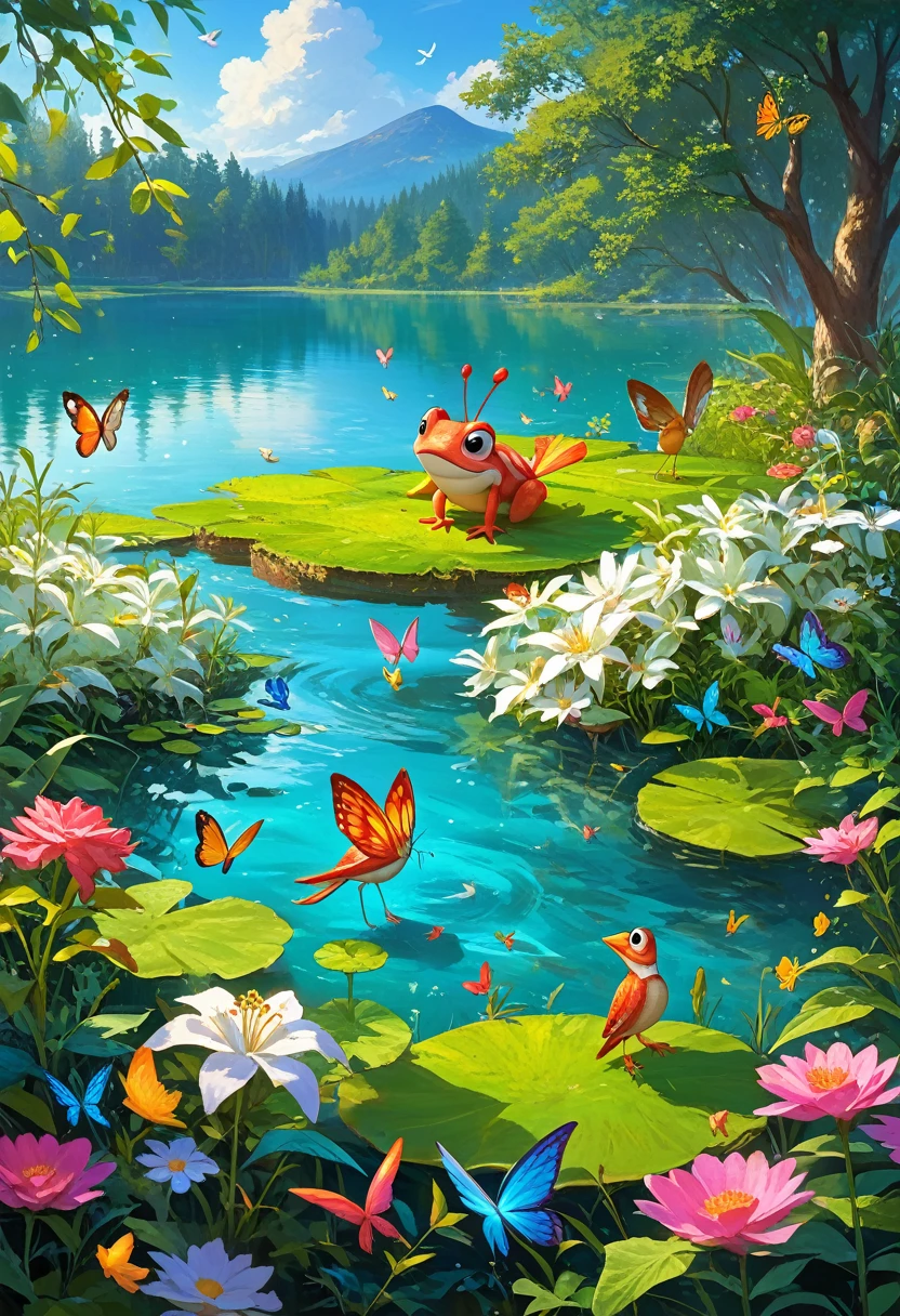 score_9, score_8_up,score_7_up, masterpiece, best quality, perfect anatomy, very aesthetic, official art, 8k,Draw a serene and peaceful lake., surrounded by lush and colorful plants. In one of the banks, there is a little frog sitting, Happy and contented. Around the lake, There are other friendly animals too, For example, singing birds, butterflies dance and dragonflies buzz. Create a magical and enchanting scene, which will take children into a world of imagination and adventure.!