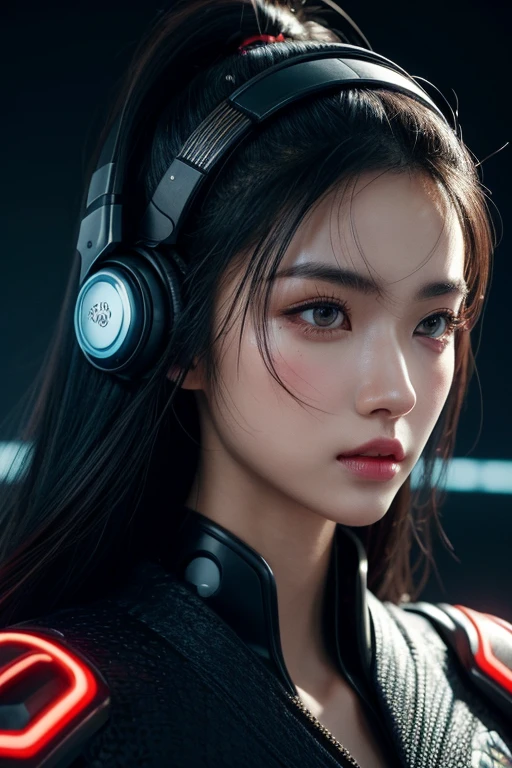 masterpiece, best quality, photorealistic, 1girl, solo, long flowing hair, jet-black hair with neon highlights, looking at viewer, upper body, Cyberpunk City Background, minimal background, neon red lighting, sharp shadows, fierce expression, detailed skin, smooth features, samurai setup, classic portrait style, high clarity, simple background, cinematic lighting, wearing a futuristic kimono with glowing patterns and sleek headphones, warrior-like and futuristic