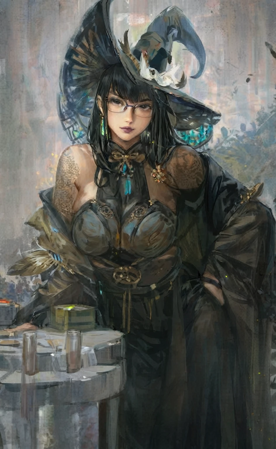 score_9, score_8_up, score_7_up, score_6_up, score_5_up, score_4_up, rating_safe, art of Guweiz, 1girl, mature, glasses, jewelry, brown eyes, painterly, painted, high detail artstation painting, hime cut long black hair, witches outfit, feathered hat, purple-brown lips, smile, leaning ahead on table, looking at viewer, one hand on hip
