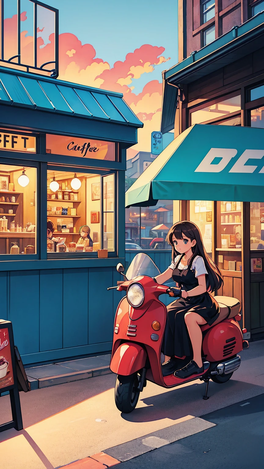 a painting of a scooter in front of a cafe with a sunset in the, cozy cafe background, cafe, beautiful retro art, scenery artwork, cafe in the clouds, warm beautiful scene, scenery art detailed, diner caffee, dream scenery art, watching the sun set. anime, anime scenery, in a sidewalk cafe, at a beautiful sunset, beautiful aesthetic art, nightcafe, in a bright cafe, super detailed color art, beautiful comic art, beautiful anime scenery, retro style art