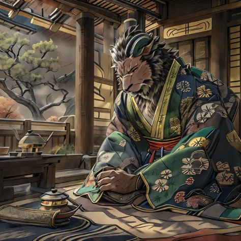 a detailed, intricate japanese tea ceremony, a japanese emperor warrior sitting on a tatami mat, the emperor drinking tea, hiero...