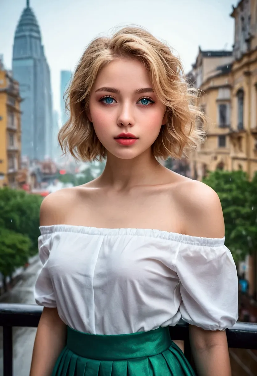 beautiful young woman with short blonde hair and blue eyes, wearing an off-shoulder white shirt and a flowing green skirt, 비가 내리...