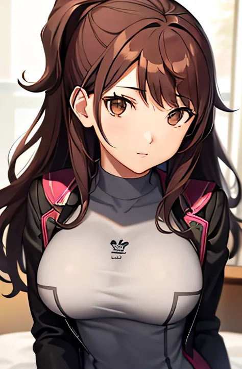 a high school girl with brown hair and brown eyes、she is wearing a tight-fitting high school uniform。.、she has e-cup breasts and...